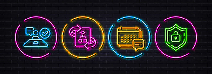 Message, Job interview and Technical algorithm minimal line icons. Neon laser 3d lights. Shield icons. For web, application, printing. Calendar notification, Accepted worker, Project doc. Vector