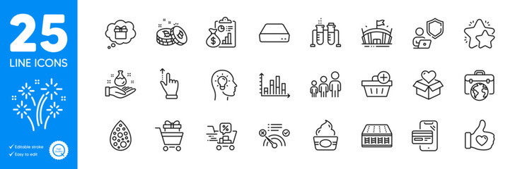 Outline icons set. Ice cream, Artificial colors and Gift dream icons. Star, Add purchase, Arena web elements. Mini pc, Idea head, Mattress signs. Chemistry lab, Business hierarchy. Vector