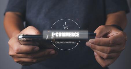 Businessman using mobile phone shopping online with icons E-commerce marketing.