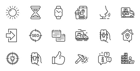 Outline set of Login, Seo and Food app line icons for web application. Talk, information, delivery truck outline icon. Include Time, Delivery truck, Inventory icons. Vector