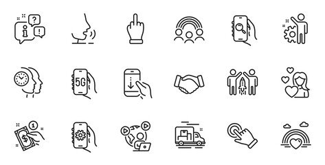 Outline set of Partnership, Video conference and Inclusion line icons for web application. Talk, information, delivery truck outline icon. Include Middle finger, Employee, Search app icons. Vector
