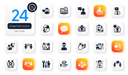 Set of People flat icons. Coronavirus protection, Support consultant and Like video elements for web application. Share, Teamwork, Man love icons. Inspect, Covid app, Employees wealth elements. Vector