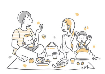 お花見を楽しむ4人家族　シンプルでお洒落な線画イラスト