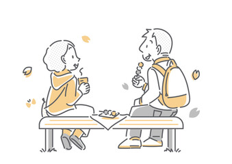 お茶を飲みながら桜を楽しむシニア夫婦　シンプルでお洒落な線画イラスト