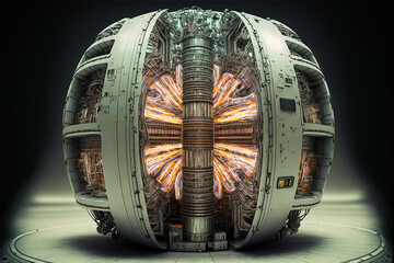Nuclear fusion, tokamak magnetic field to confine plasma in the shape of a torus, toroidal shape. Clean energy technology.