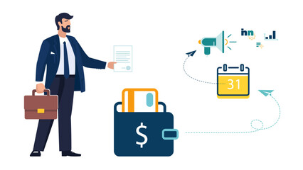 Vector flat illustration. Businessman saves money in wallet. Annual calendar plan. Сard for money. Banner, presentation, financial savings insurance, business.Safe business economy, electronic banking