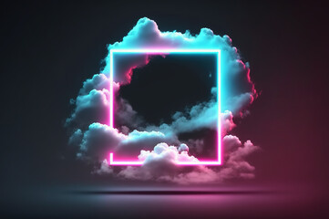 abstract cloud with pink blue neon light square frame background created with Generative AI