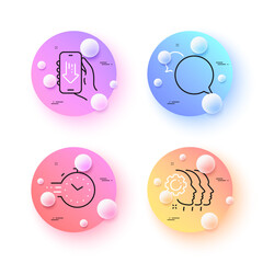 Employees teamwork, Timer and Download app minimal line icons. 3d spheres or balls buttons. Messenger icons. For web, application, printing. Vector