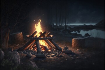 An evening bonfire on the bank of a mountain river. Romantic setting by the fire. Generative AI.