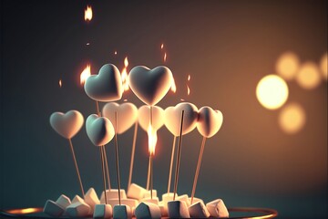 Heart-shaped marshmallows skewered with lights in the background. A romantic arrangement for Valentine's Day. Generative AI.