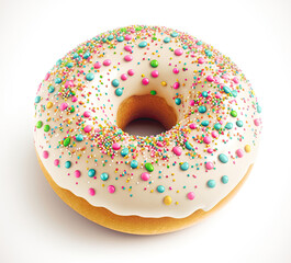 A Donut With White Sugar Coating And Colorful Sprinkles On White Background. Generative AI Illustration