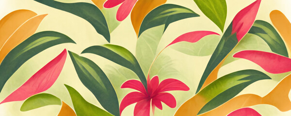 Exotic nature abstract background. Floral pattern. Pink tropical flower petals orange green color leaves foliage bright watercolor painting design art illustration.
