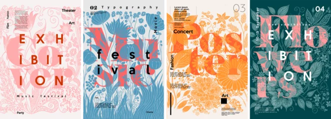 Schilderijen op glas Geschilderde Bloemen Flowers background. Inscription in flowers. Typography posters design. Set of flat vector illustrations. Print, label, cover or t-shirt print design.  © Molibdenis-Studio