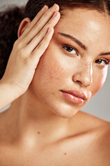 Skincare, face portrait and beauty glow on skin with freckles for dermatology, makeup and...