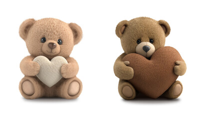 Fototapeta Cute two teddy bears holding a heart, on white background.  PNG file with transparent background. AI generated
 obraz