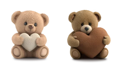 Fotobehang Cute two teddy bears holding a heart, on white background.  PNG file with transparent background. AI generated  © Tijana