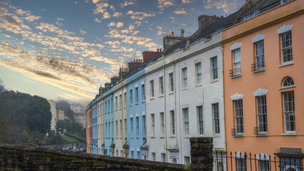 Cornwallis Crescent colourful homes at Clifton in Bristol England during sunset