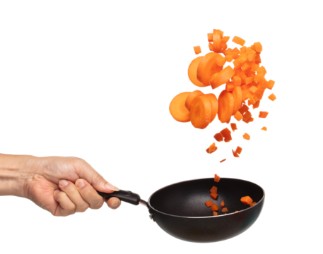 Carrot fresh fly float in Air turn to Cube dice mix with slice shape. Beta Carotene orange color in Carrot is good health. Many Dice cube carrot flying throw up in Air by cooking pan. White background