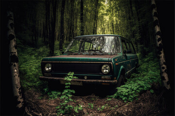 Wracked old rusty Russian car overgrown with foliage in jungle forest illustration generative ai