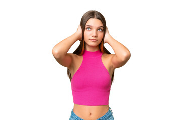 Fototapeta na wymiar Teenager caucasian girl over isolated background frustrated and covering ears