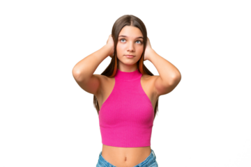Teenager caucasian girl over isolated background frustrated and covering ears