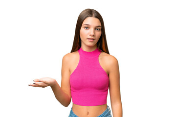 Teenager caucasian girl over isolated background making doubts gesture