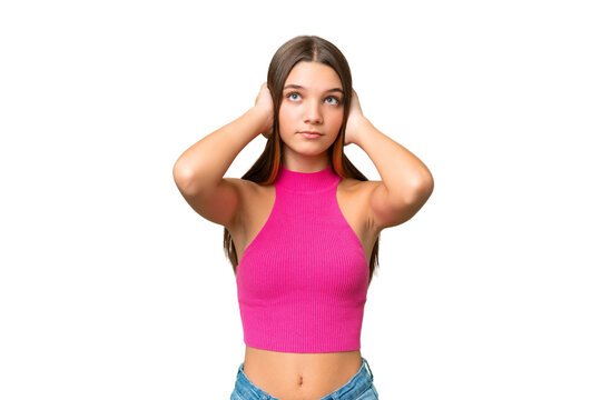 Teenager caucasian girl over isolated background frustrated and covering ears