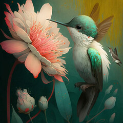 a small song bird with flower. Spring concept. Art created with Generative AI technology
