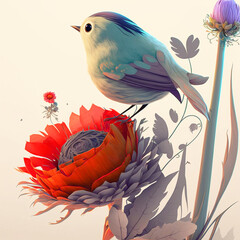 a small song bird with flower. Spring concept. Art created with Generative AI technology
