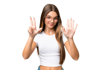 Teenager caucasian girl over isolated background counting eight with fingers