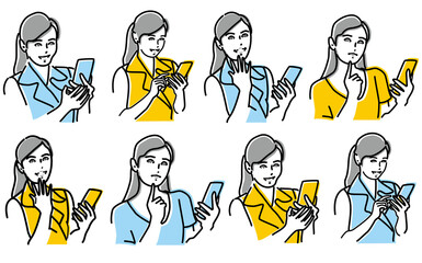 スマホを見て微笑んだり思案したりする素敵な女性