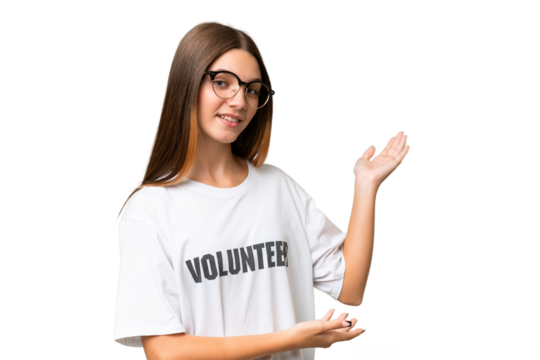 Teenager volunteer caucasian girl over isolated background extending hands to the side for inviting to come