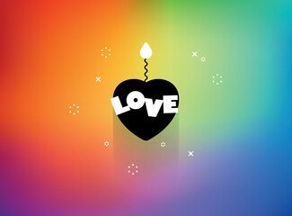 Bright Saint Valentine's card. Fuse and fire heart. Text LOVE. Abstract gradient background, rainbow pattern banner, party invitation. Explosive passion bomb concept. Hot love vector illustration