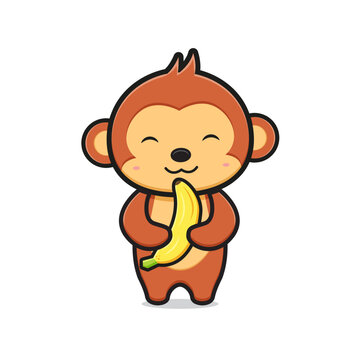 Cute monkey holding banana cartoon icon illustration
