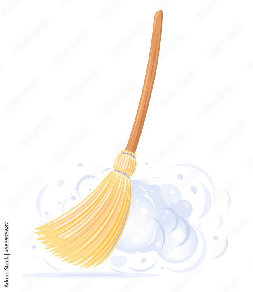 Wall mural one big yellow broom sweep floor with long wooden handle and clouds of dust isolated, household impl - Wall murals