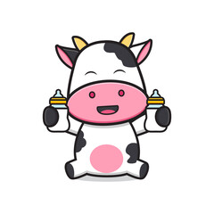 Cute cow holding milk bottle pacifier cartoon icon illustration