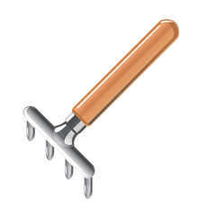 One small metal hand rake with wooden handle and four teeth isolated illustration, gardening tool equipment, spring work with garden hand rake in perspective view