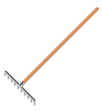 One metal garden rake with long wooden handle and many teeth isolated illustration, gardening tool equipment, spring work with garden rake tool in perspective view