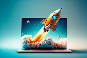 Launching space rocket from laptop screen, generative ai