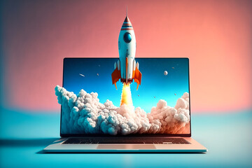 Launching space rocket from laptop screen, generative ai - obrazy, fototapety, plakaty