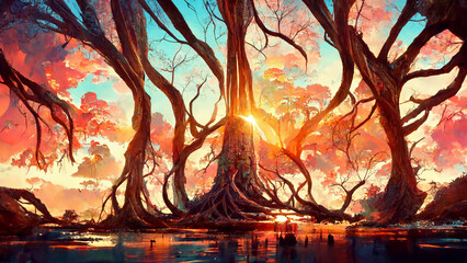 forest Mayan style tree Sunset illustration art Generative AI Content by Midjourney