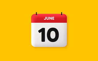 Calendar date 3d icon. 10th day of the month icon. Event schedule date. Meeting appointment time. Agenda plan, June month schedule 3d calendar and Time planner. 10th day day reminder. Vector