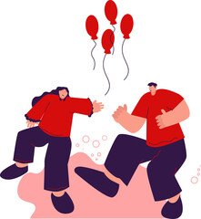 a couple of fat lovers wearing red clothes are celebrating Valentine's Day by dancing with four red balloons
