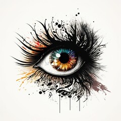 Human eye close up with colorful paint , ink splashes and drips ,made with Generative AI