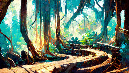 forest Mayan style adventures bridge illustration art Generative AI Content by Midjourney