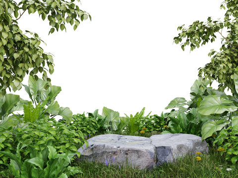 Stone platform in meadow for product presentation and on transparent background.