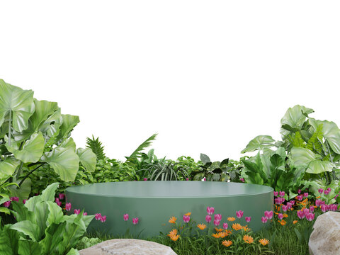 Green podium in meadow for product presentation and on transparent background.