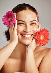 Skincare, daisy flower and beauty portrait of a woman for dermatology, makeup and cosmetics....