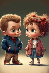 Happy cute little boy and girl, cartoon style ,not a real person, made with Generative AI