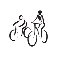 Simple drawing stick figures of cyclists in black and white